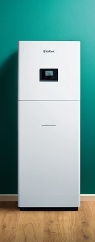 Inneneinheit einer Vaillant Wärmepumpe Tower einer Wärmepumpe vor einer grünen Wand, mit digitalem Display.